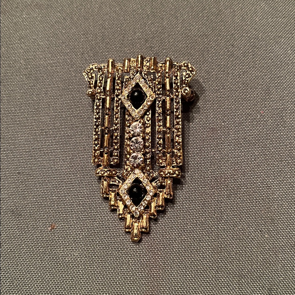 Art Deco Gold and Black Brooch with Geometric Design